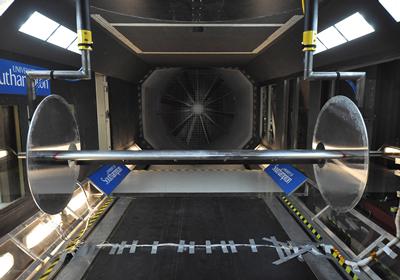High lift wing in RJ Mitchell wind tunnel for blowing flow control experiment.