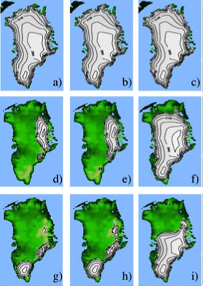 Varying ice sheet model parameters results (left) in the same modern configuration of the Greenland Ice sheet (top) but different configurations for the future (mid) and Mid-Pliocene (bottom)