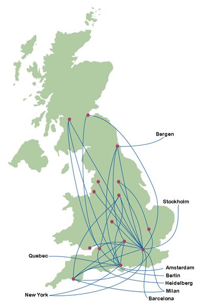 Illustration of BRAIN UK collaborations.  Note: London is made up of 5 Participating NHS Neuropathology Centres and collaborations between these and local Universities are not shown.