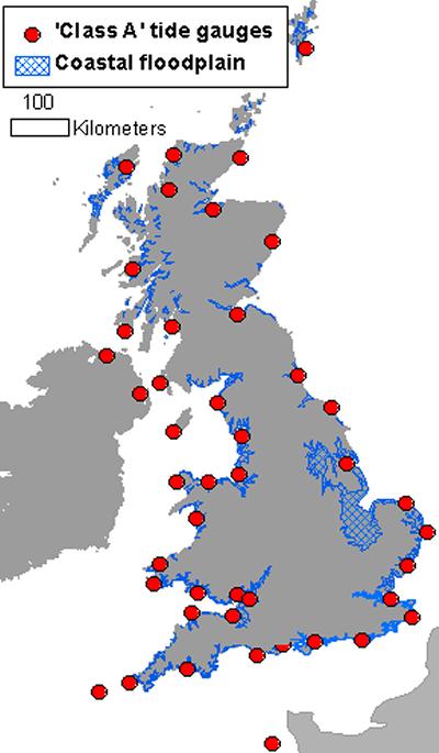 Coastal floodplain & Class tide gauges in the UK