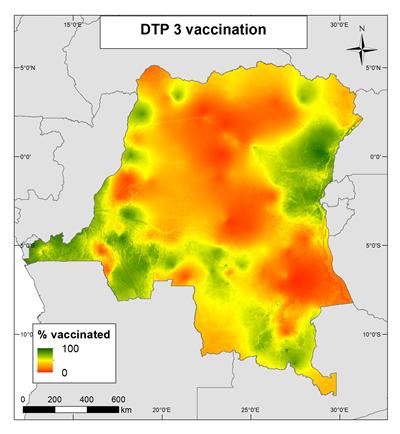 Map showing DTP3 vaccine coverage in Democrat Republic of the Congo.