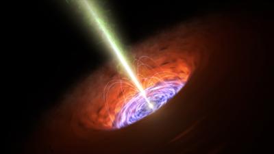 Artist’s impression of the accretion disk and jet of a supermassive black hole similar as in the centre of 3C273.