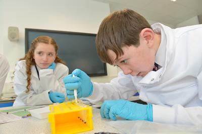 A student from Mountbatten School uses a micropipette to load a DNA sample onto an agarose gel
