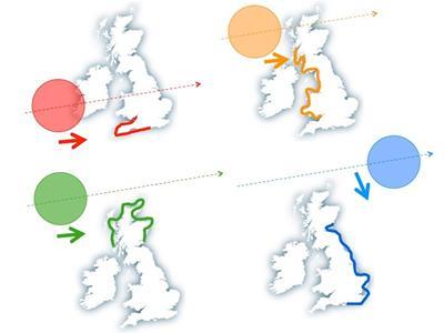 Four sea level events and tracks of storms and winds around UK