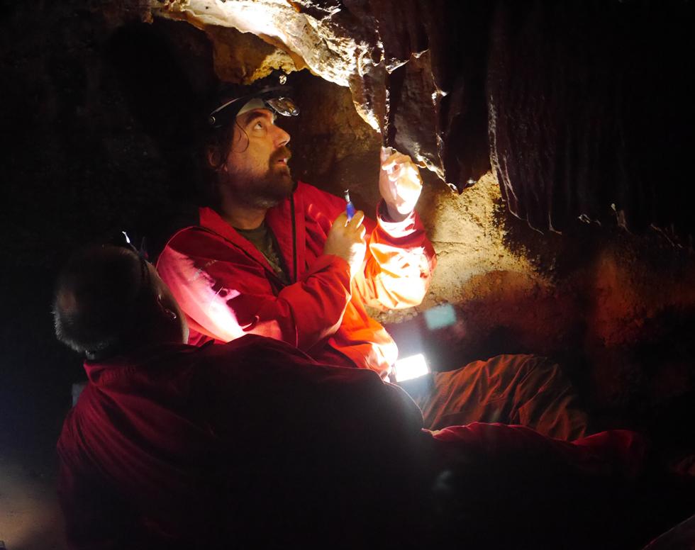 Professors Alistair Pike (Southampton) and Paul Pettitt (Durham) collecting samples in Maltravieso cave