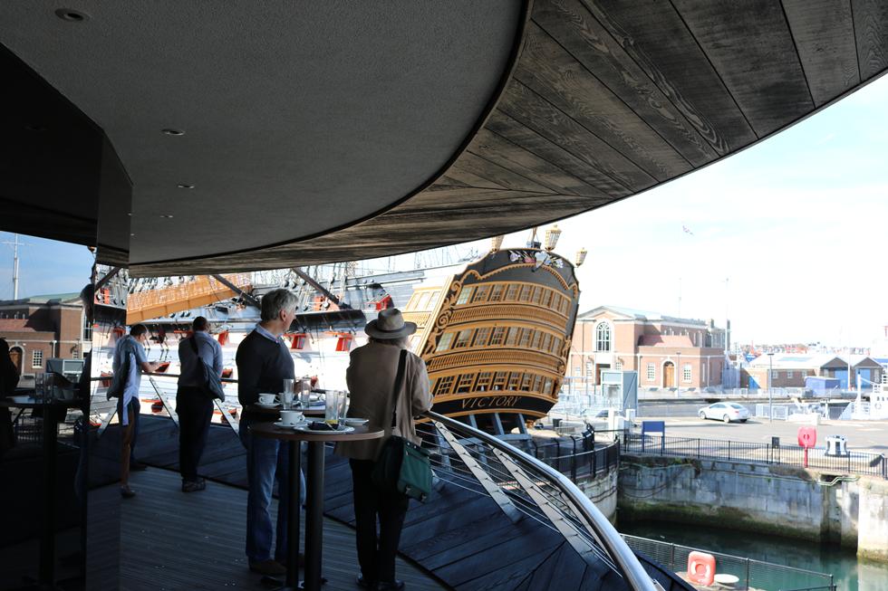 Breakfast in the Mary Rose Exhibition overlooking HMS Victory, Portsmouth Historic Dockyard