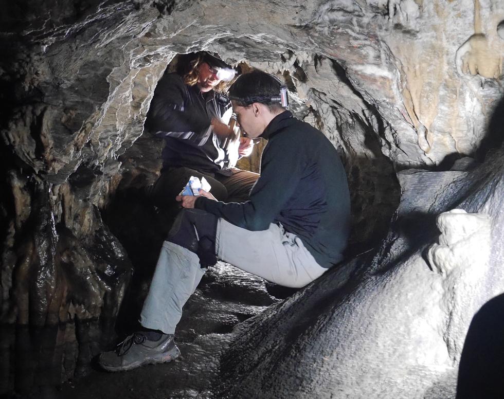 Dr Dirk Hoffmann (Max Plank) and Professor Alistair Pike (Southampton) collecting samples in Ardales cave.