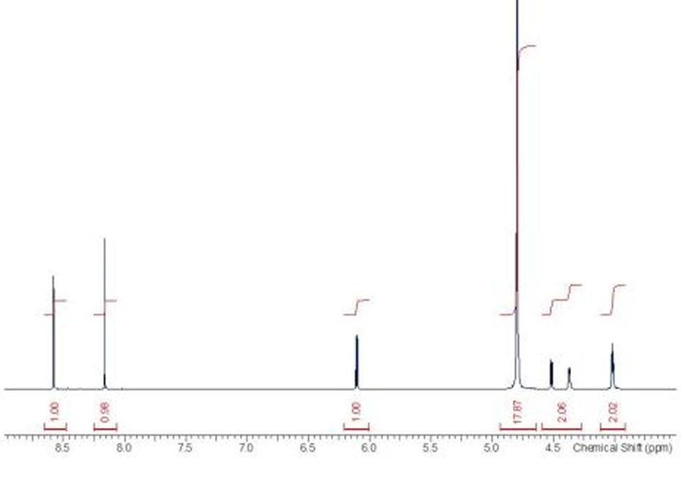 1D proton NMR spectrum. 1D proton spectra are typically acquired within minutes. The signals are integrated to show the relative ratio of proton signals in each chemical environment and the peak multiplicities can show the coupling network within the molecule.