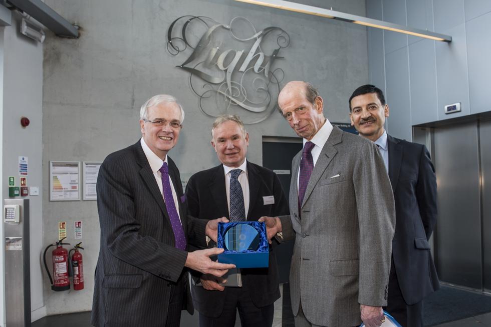 HRH received an etched wafer following his visit to the Zepler Institute from Professor Sir David Payne and joined by Professor Sir Christopher Snowden (left) and Professor Bashir Al-Hashimi (right) 
