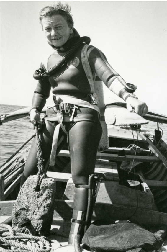 Honor Frost in diving equipment