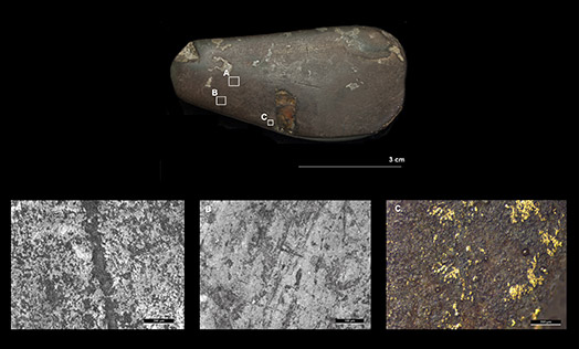 Microwear analysis showing gold traces on surface of goldworking tool.