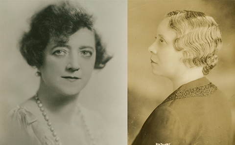 Black and white head and shoulders photos of two women
