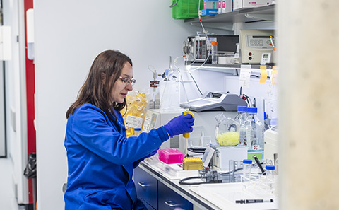Woman in lab using a pipette