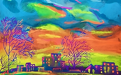 Colourful painting of a city skyline