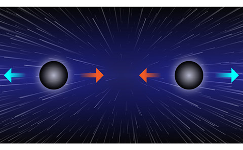 Graphic explaining forces holding two black holes at a distance.