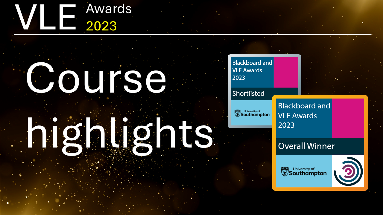 2023 VLE highlighted courses. Featuring two digital badges, one for shortlisting and one for the overall winners.