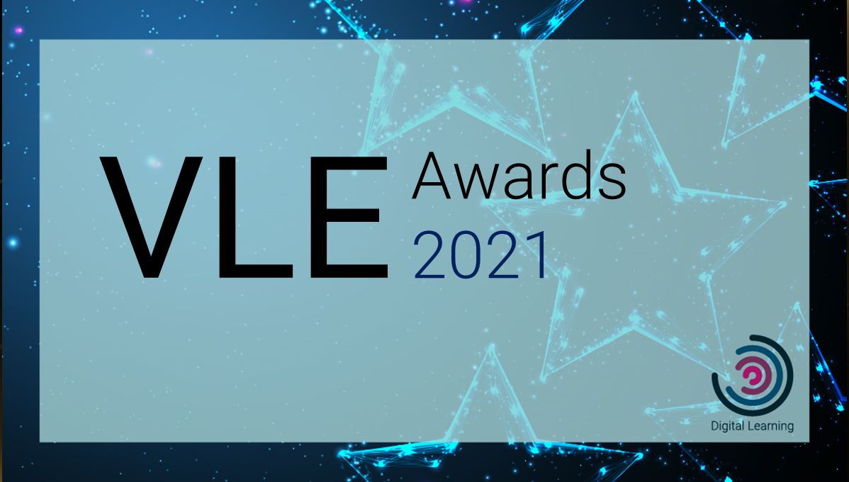 Text reads VLE Awards 2021, over a background featuring sparkling stars 