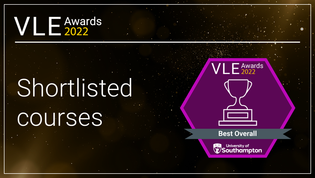 Text reads: VLE Awards 2022 shortlisted courses. A digital badge for Best Overall features a trophy.
