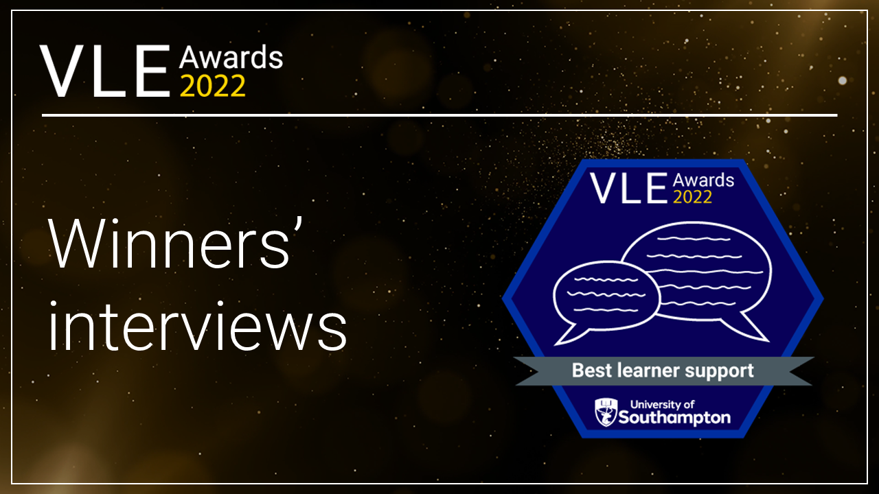 Text reads: VLE Awards 2022 winners' interviews. A digital badge for Best Learner Support features two speech bubbles.