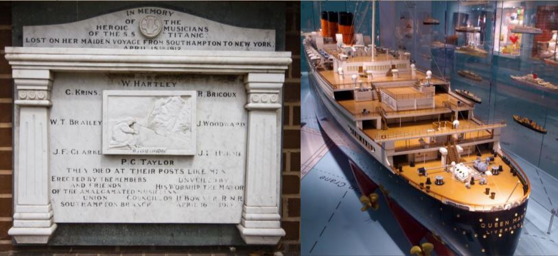 Musicians memorial stone and Titanic model