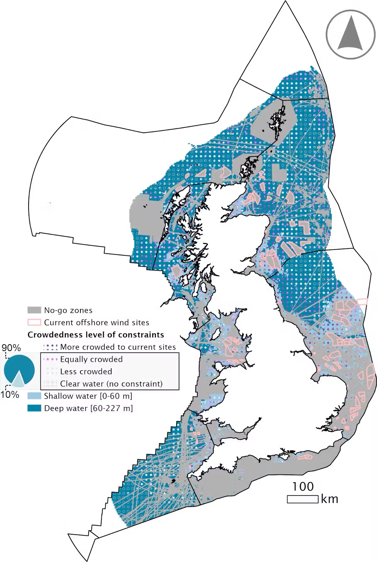 Map of UK offshore waters showing space available for wind farms