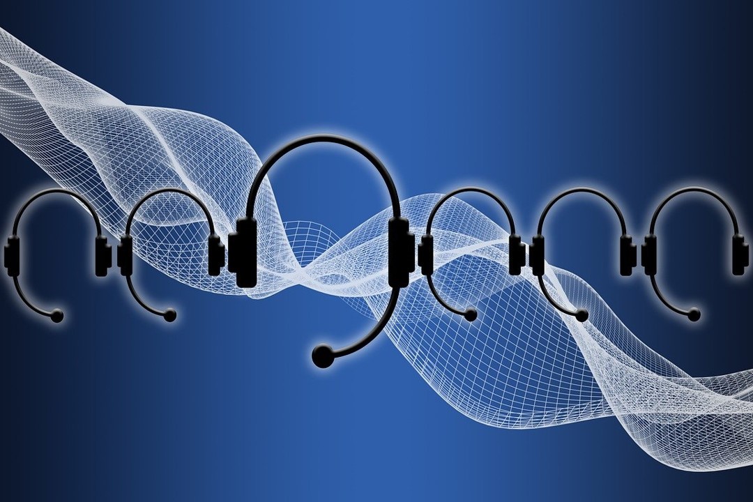 A graphic of telephone headsets against a blue background.