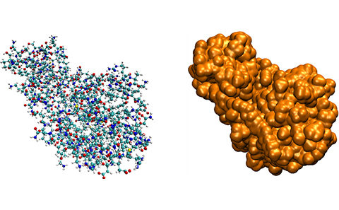 Classical modelling of a protein on the left-hand side with the more accurate approach using the quantum theory to model the electronic density on the right-hand side.