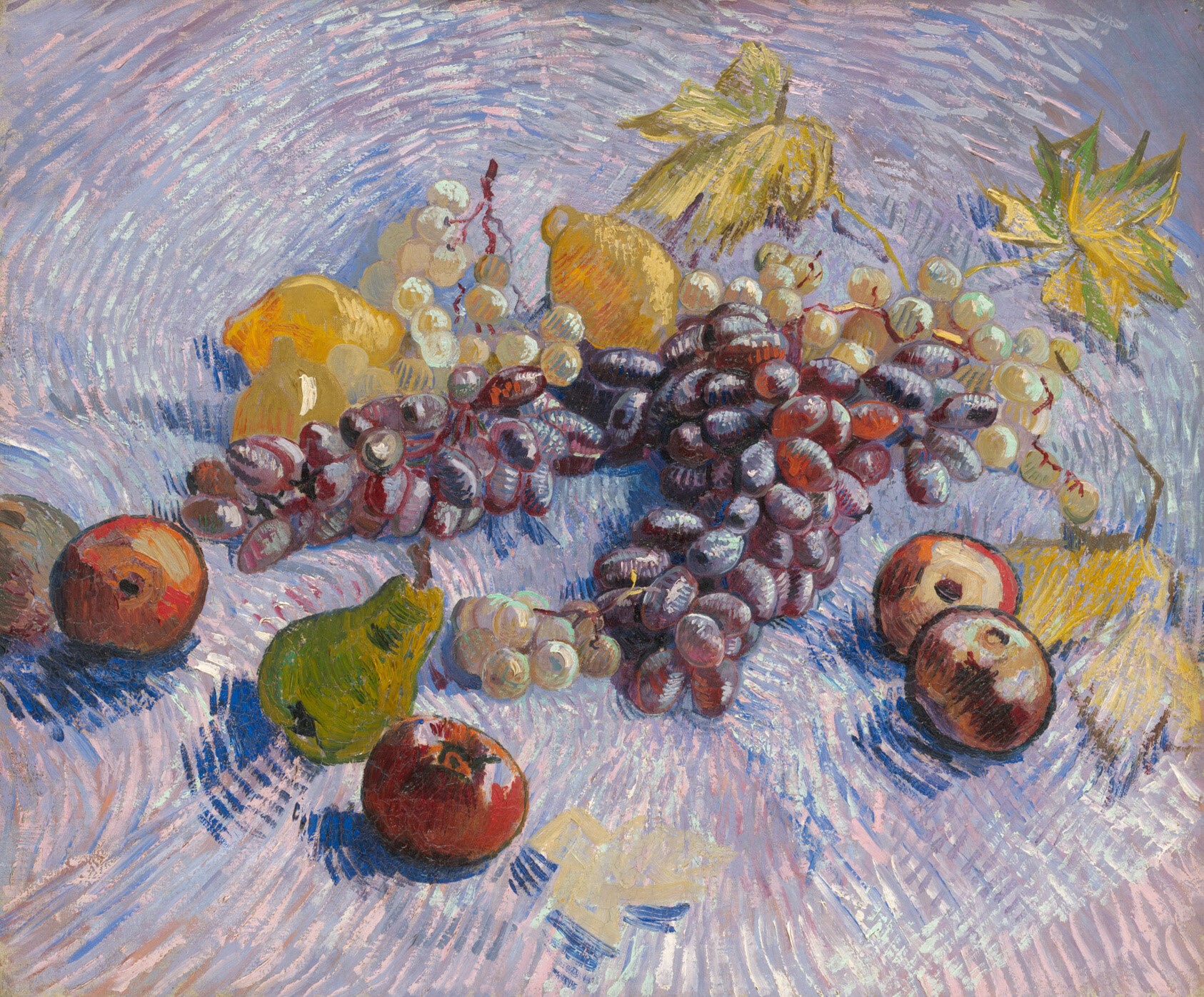 Van Gogh still life painting of fruit and leaves