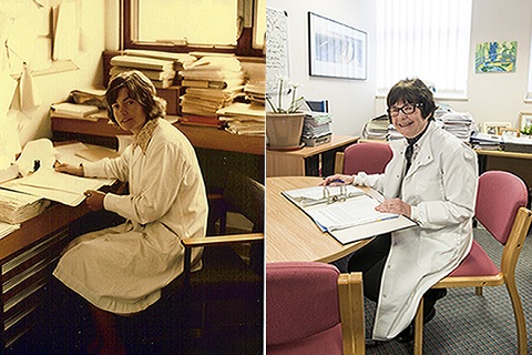 two images of Freda in his office in 1980 and then in 2018.
