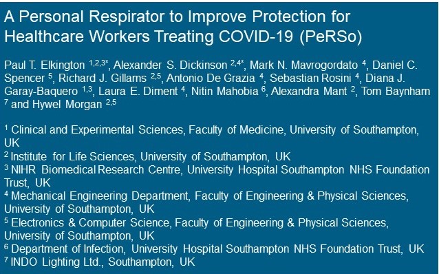 Link to open access paper: A Personal Respirator to Improve Protection for Healthcare Workers Treating COVID-19 (PeRSo)