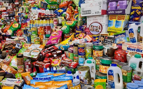 Pile of canned and packed food