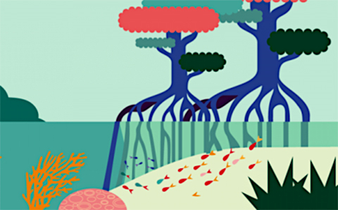 A colourful, stylised landscape image, featuring trees, roots, swamps, and fish.