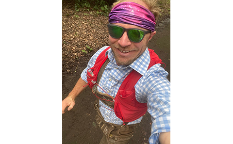 Dr Phil Wiseman testing out his lederhosen running outfit