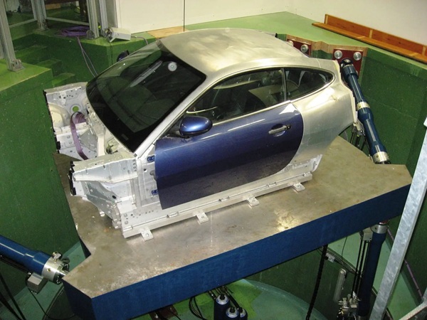 Sports car cabin mounted on a six-axis motion simulator platform used for vehicle dynamics and human factors research