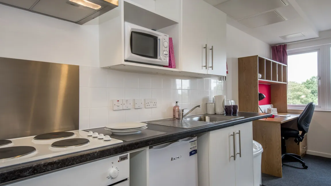 A modern studio flat showing desk and kitchenette.