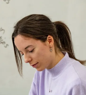 head and shoulders portrait image of Sian Appleyard looking downwards.