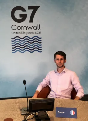 Head and shoulders portrait image of Jacob Brooks, BA History and French graduate, at the G7 Leaders’ Summit in Cornwall in 2021.