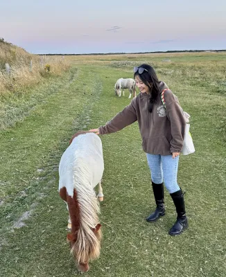 Health Psychology masters student Zhiling is stroking a New Forest pony on a track in the New Forest.