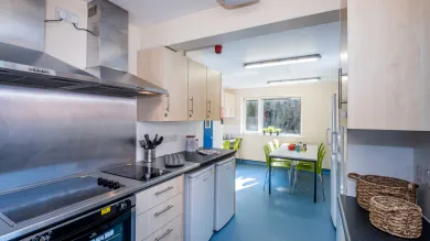 Empty modern communal kitchen.