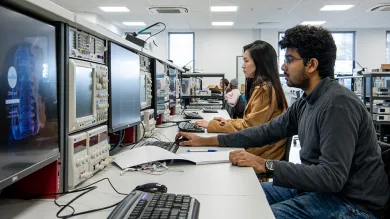 Two students working on computers at a work bench in the hardware projects laboratory.