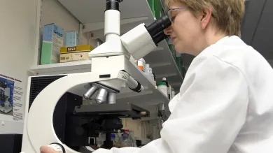 Person in lab coat using light microscope with digital camera attachment