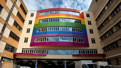 Outside of Southampton General Hospital, featuring a rainbow façade.