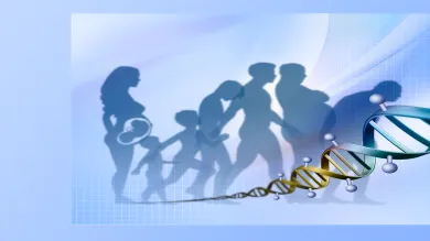 A double helix spirals across the bottom of the image. Behind it silhouettes of people portray the stages of a life from unborn child to old age.