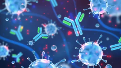 Stylized illustration of a microscopic view featuring virus particles and antibodies with a blue gradient background, creating an impression of a biological response.