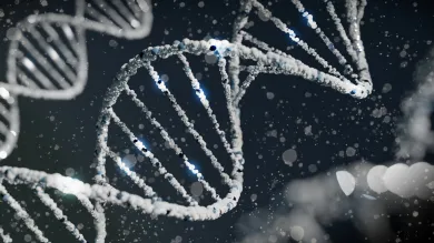 A digitally rendered close-up of a DNA double helix structure with spherical particles against a dark background with bokeh light effects