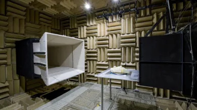 Anechoic chamber interior with foam panels, a large speaker, and a metal table with an object.