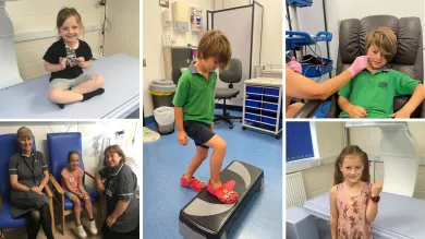 Collage of young children in a hospital setting interacting with a nurse.