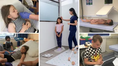 A collage of clinic scenes with children being attended to by medical staff.