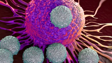 3D illustration of a cancer cell with smaller round cells surrounding it.