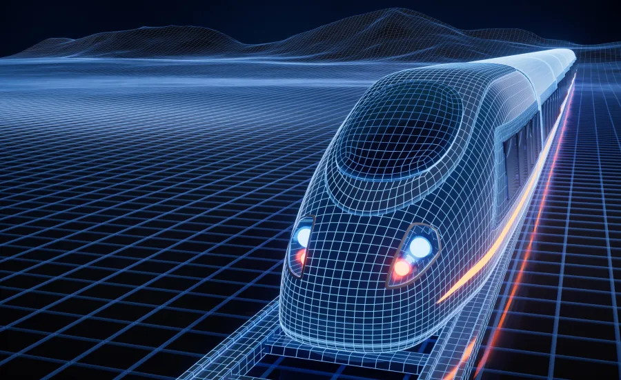 A wireframe electric train travels along digital tracks, representing modern and affordable rail transport.